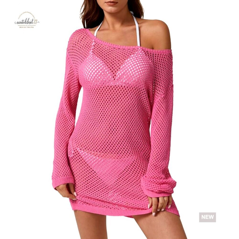Large Crochet Mesh Beach Cover Up Dress Long Sleeve Boat Neck